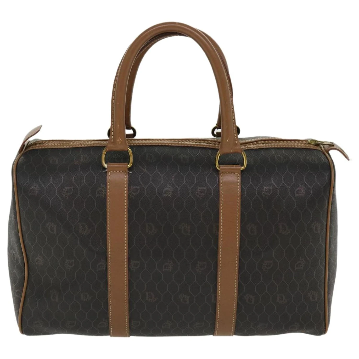 Christian Dior Honeycomb Canvas Sac Boston Cuir PVC Noir Marron Authentique 39170 2 Christian Dior Honeycomb Canvas Sac Boston Cuir PVC Noir Marron Authentique 39170 – Image 2