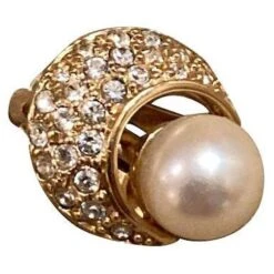 Christian Dior Costume Pearl Pave Stone Moon Boucle D'oreille/Alliage/Placage-5.0g/Or/Blanc/Christian Dior Doré