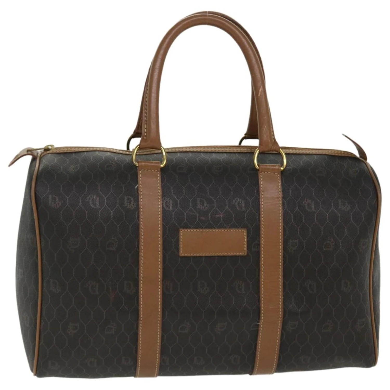 Christian Dior Honeycomb Canvas Sac Boston Cuir PVC Noir Marron Authentique 39170 1 Christian Dior Honeycomb Canvas Sac Boston Cuir PVC Noir Marron Authentique 39170