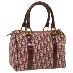Christian Dior Trotter Toile Sac Boston Cuir PVC Rouge Auth Am3695