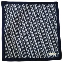 -Carré En Twill De Soie, Vintage, Signé Christian Dior Bleu Marine