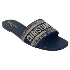 Dior SLIPPERS DWAY Sandale Coton Brodé Bleu Profond Noir
