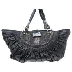 SAC A MAIN CHRISTIAN DIOR FRAME CUIR PLISSE NOIR LEATHER HAND BAG