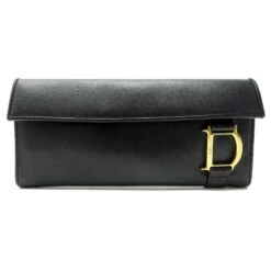 PORTEFEUILLE CHRISTIAN DIOR MONNAIE LOGO D DORE CUIR GRAINE LEATHER WALLET Noir