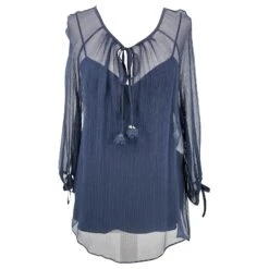 Top Dior En Mousseline De Soie Gaufrée Marine Avec Cordon De Serrage Et Rosaces En Perles De Verre Bleu