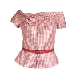 Christian Dior Haut Corset En Laine De Soie Vichy Avec Ceinture En Cuir Blanc Rouge
