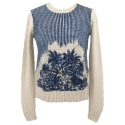 Pull Dior En Cachemire Crème Avec Jungle Bleue Brodée Blanc Écru